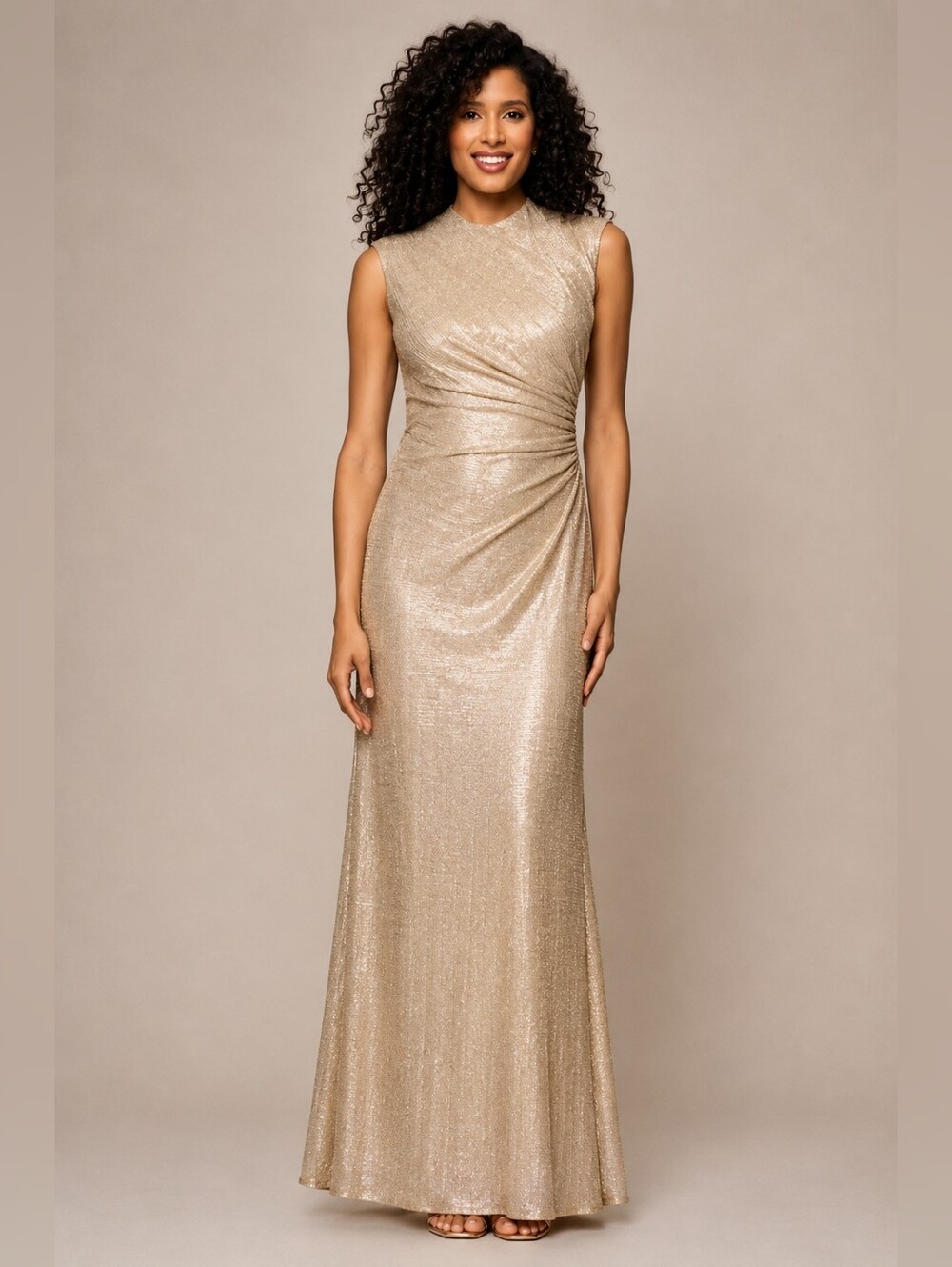 Betsy & Adam Shimmery Gold Sleeveless Maxi Dress BETHANY" METALLIC RUCHED Strech